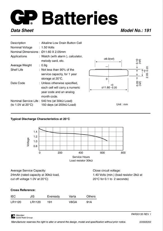 Mode d'emploi GP BATTERIES GP191