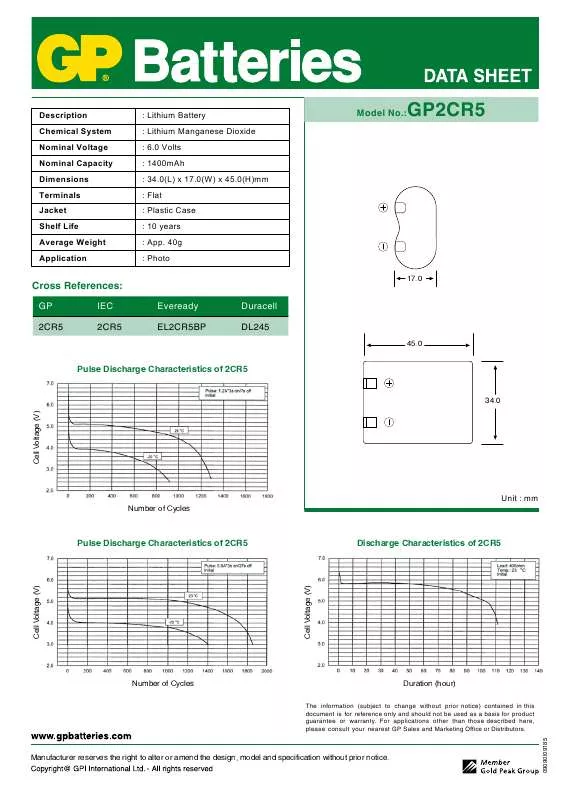 Mode d'emploi GP BATTERIES GP2CR5