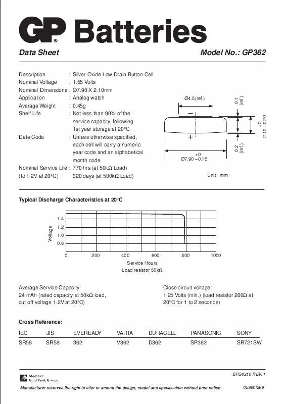 Mode d'emploi GP BATTERIES GP362