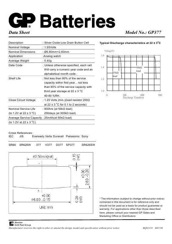 Mode d'emploi GP BATTERIES GP377