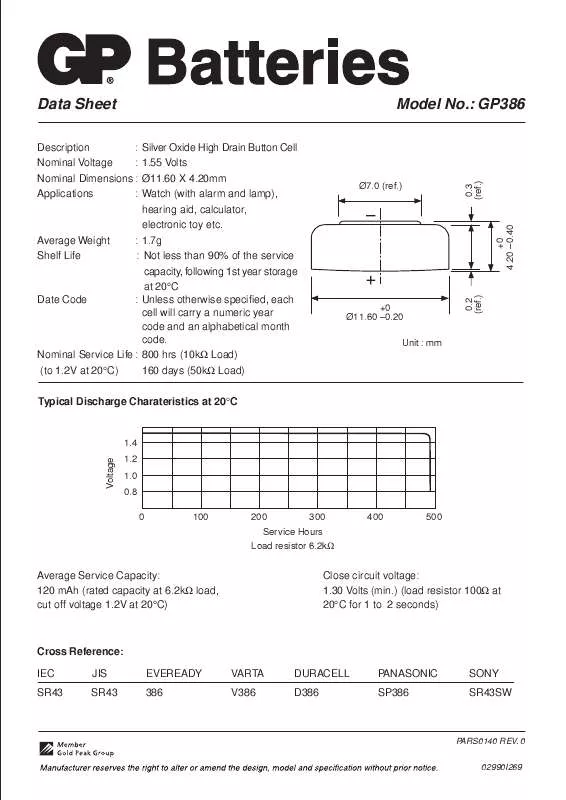 Mode d'emploi GP BATTERIES GP386