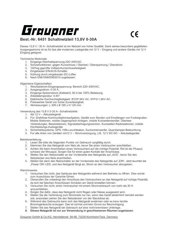 Mode d'emploi GRAUPNER SWITCHING POWER SUPPLY 13.8V 0-30A