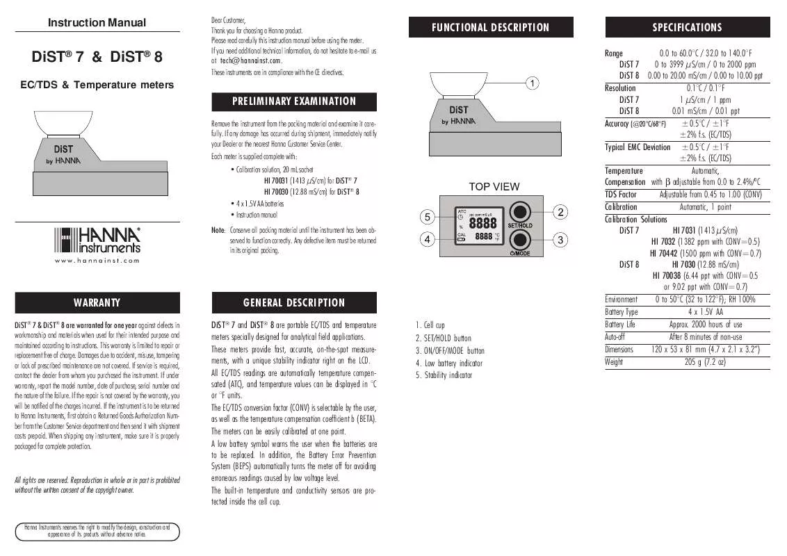 Mode d'emploi HANNA INSTRUMENTS DIST 8