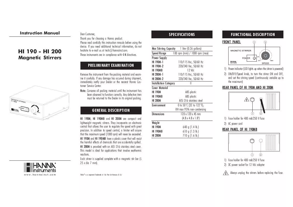 Mode d'emploi HANNA INSTRUMENTS HI 190