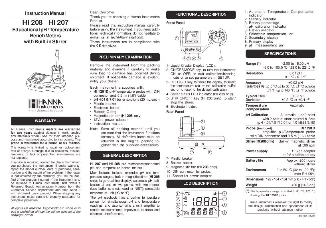 Mode d'emploi HANNA INSTRUMENTS HI 208