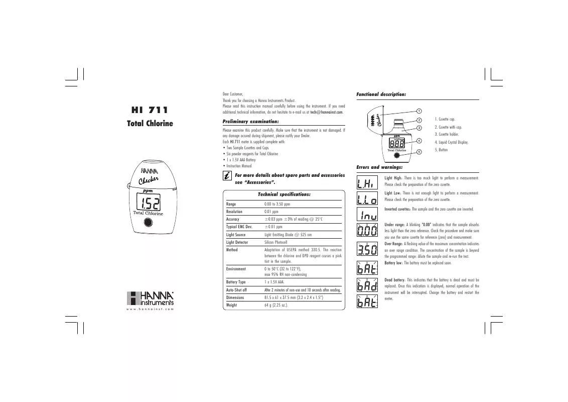 Mode d'emploi HANNA INSTRUMENTS HI 711