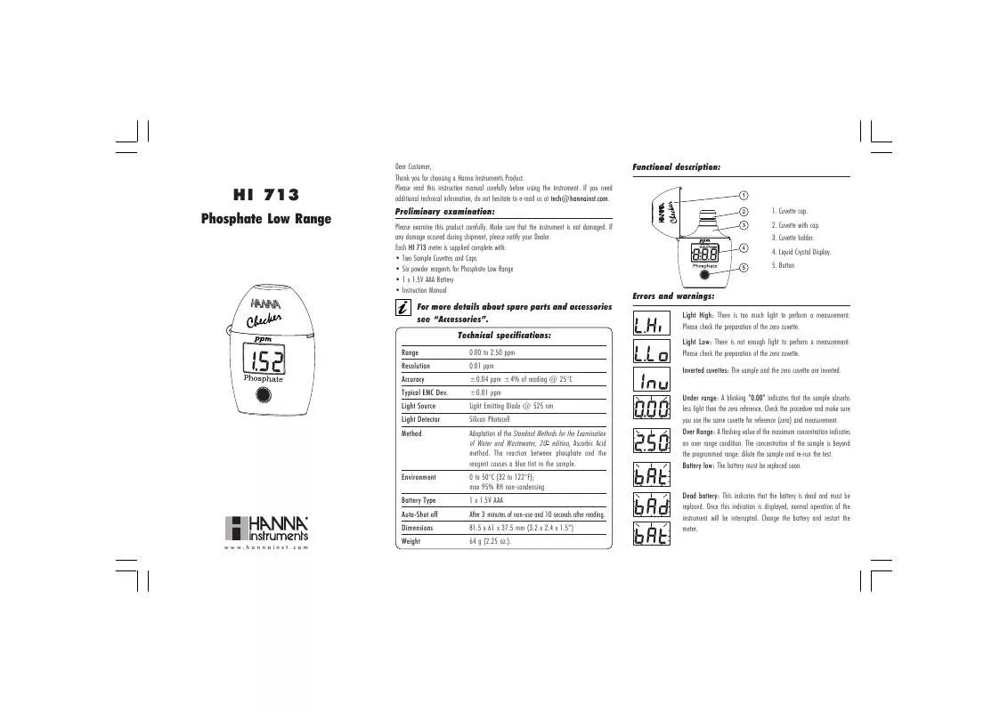 Mode d'emploi HANNA INSTRUMENTS HI 713