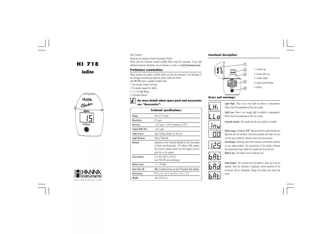 Mode d'emploi HANNA INSTRUMENTS HI 718