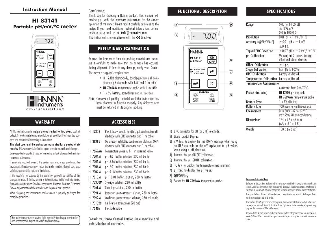 Mode d'emploi HANNA INSTRUMENTS HI 83141