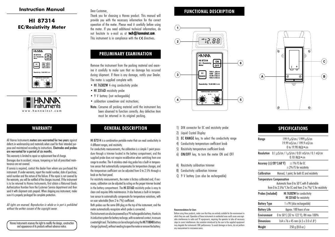 Mode d'emploi HANNA INSTRUMENTS HI 87314