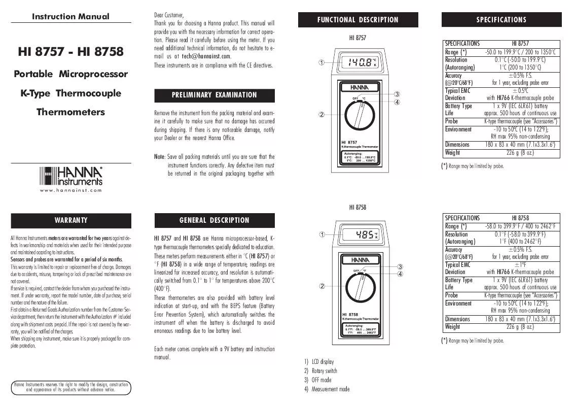 Mode d'emploi HANNA INSTRUMENTS HI 8758