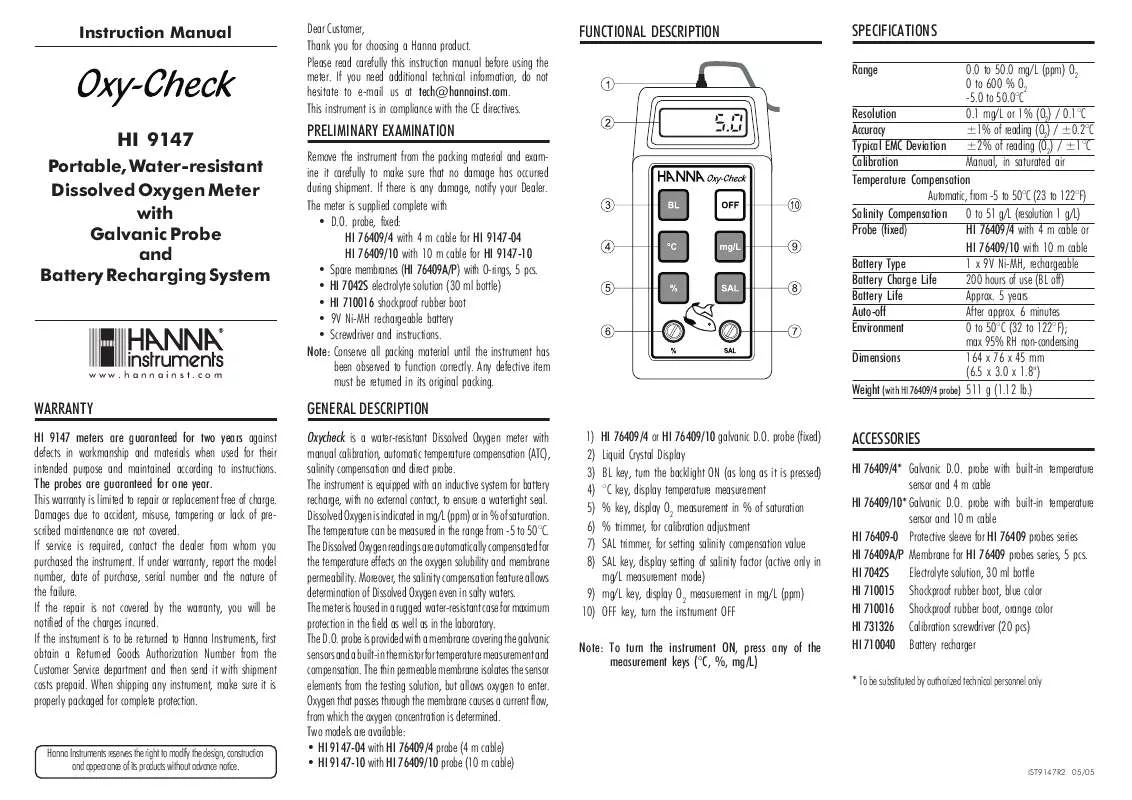 Mode d'emploi HANNA INSTRUMENTS HI 9147