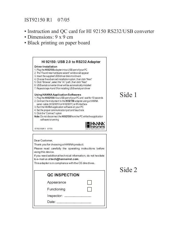 Mode d'emploi HANNA INSTRUMENTS HI 92150