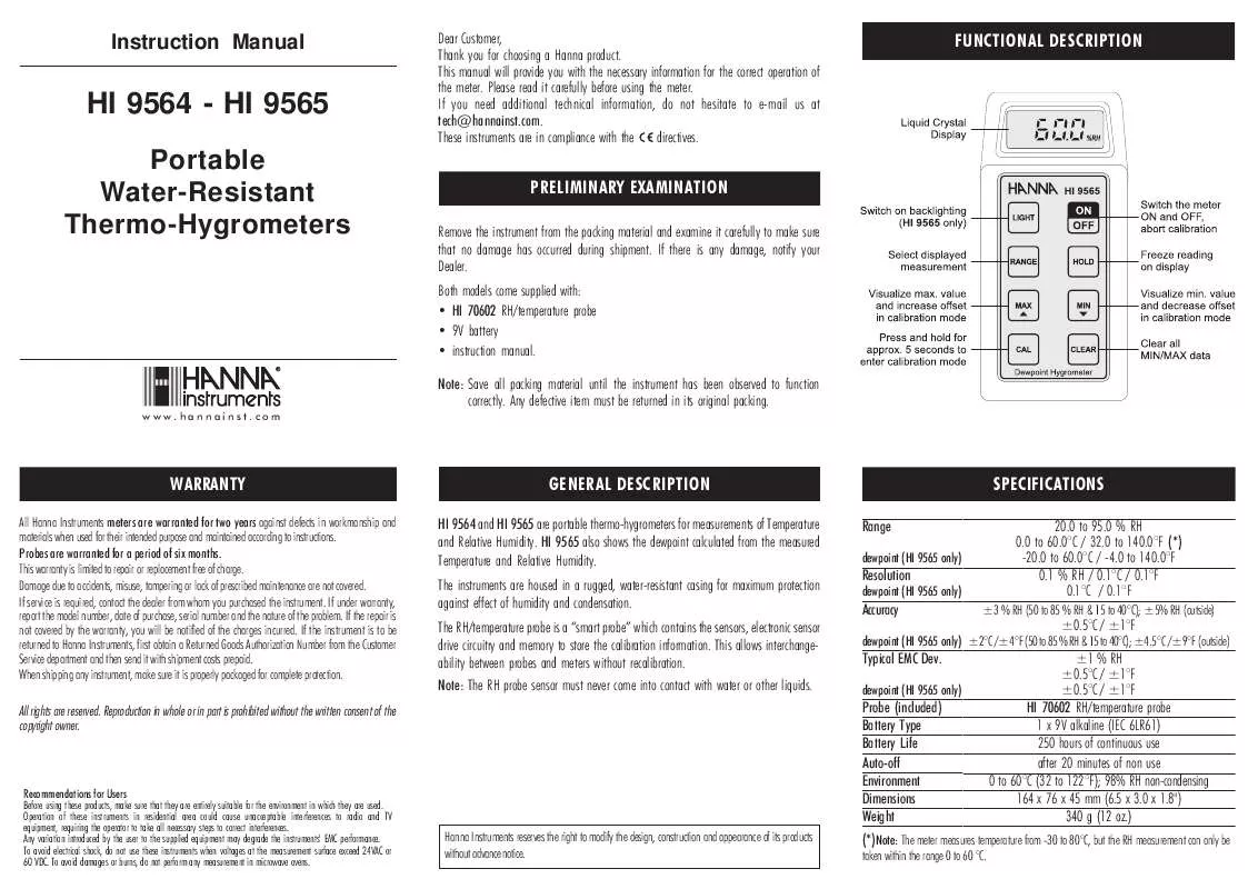 Mode d'emploi HANNA INSTRUMENTS HI 9564