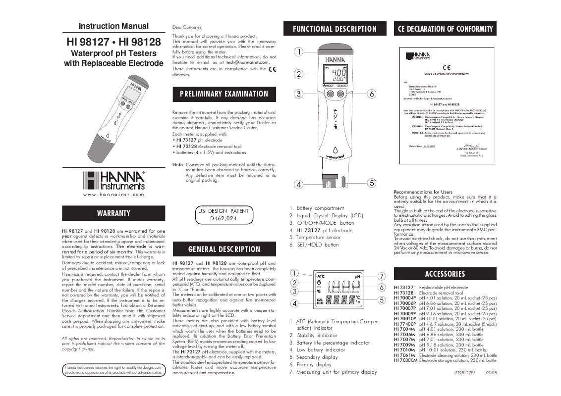 Mode d'emploi HANNA INSTRUMENTS HI 98128