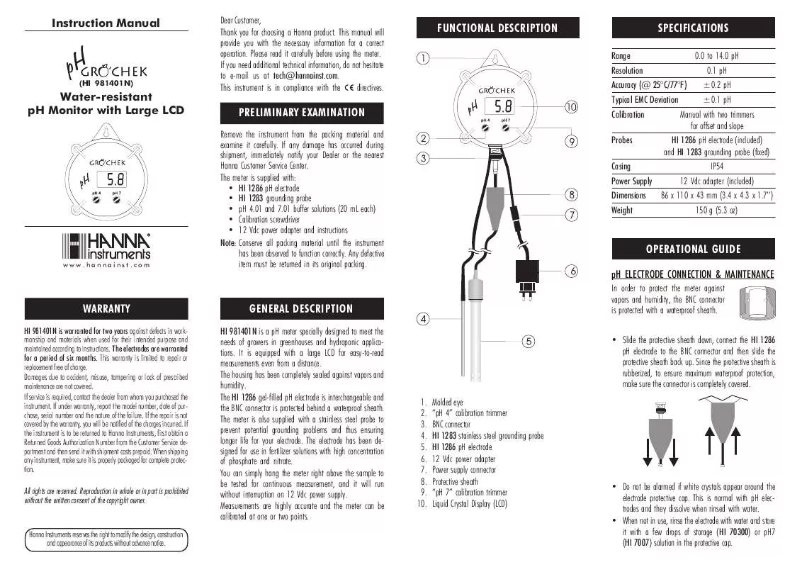 Mode d'emploi HANNA INSTRUMENTS HI 981401N