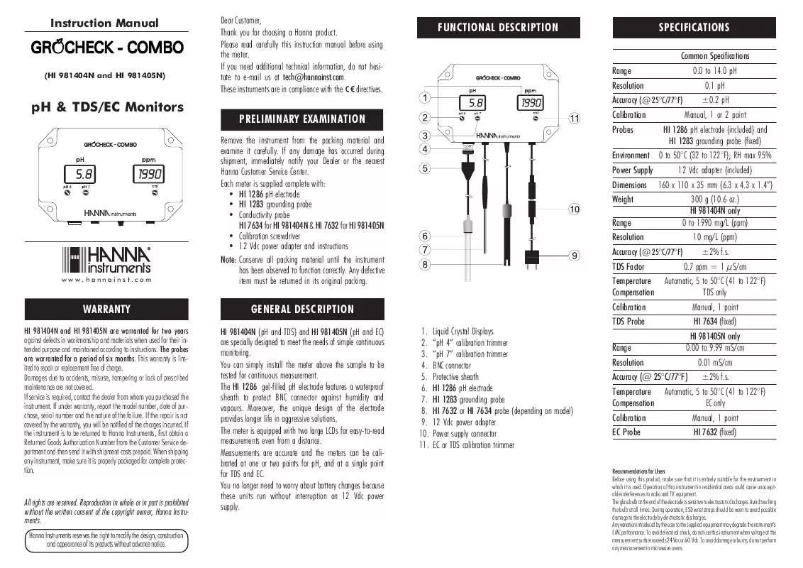 Mode d'emploi HANNA INSTRUMENTS HI 981405N