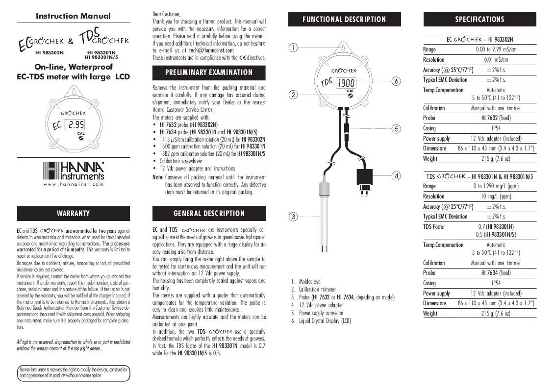 Mode d'emploi HANNA INSTRUMENTS HI 983301N