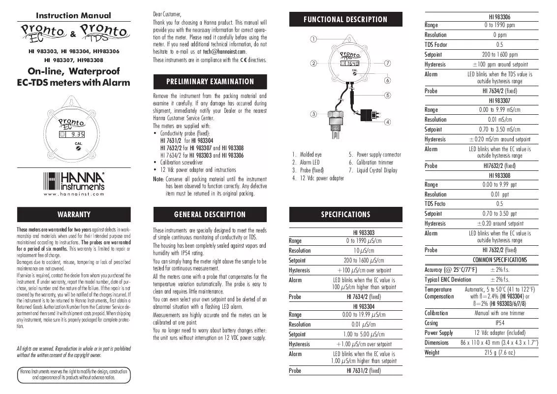 Mode d'emploi HANNA INSTRUMENTS HI 983307