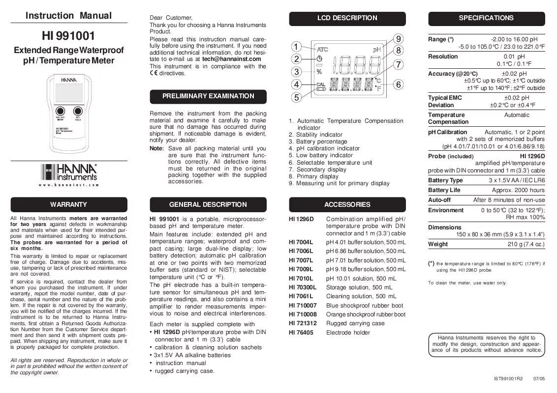 Mode d'emploi HANNA INSTRUMENTS HI 991001