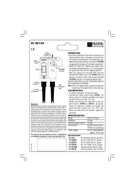 Mode d'emploi HANNA INSTRUMENTS HI 99104