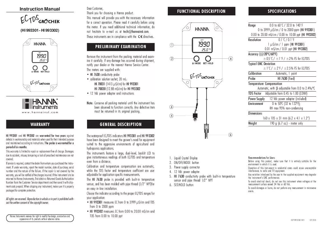 Mode d'emploi HANNA INSTRUMENTS HI 993302