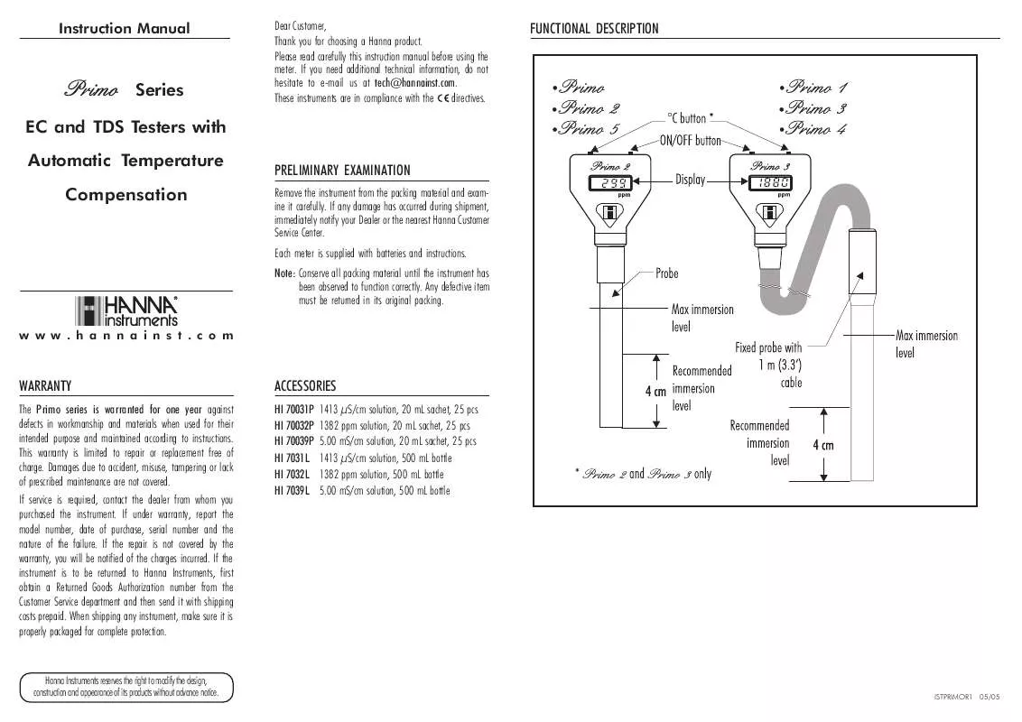 Mode d'emploi HANNA INSTRUMENTS PRIMO SERIES