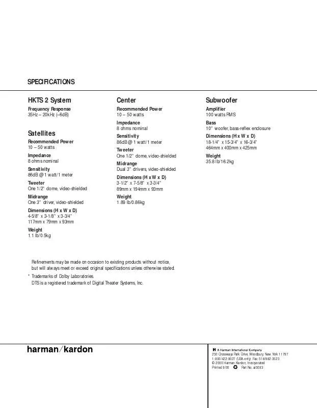 Mode d'emploi HARMAN KARDON HKTS 18