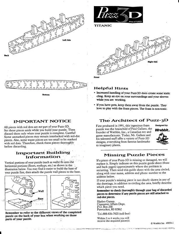 Mode d'emploi HASBRO 3D MINIATURE TITANIC