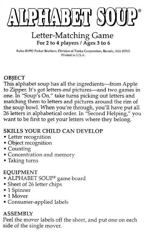 Mode d'emploi HASBRO ALPHABET SOUP 1992