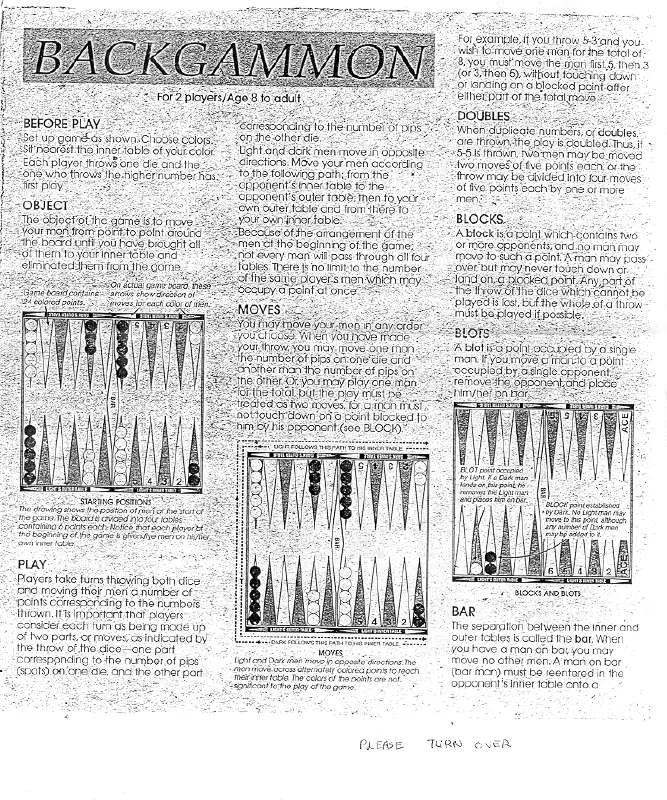 Mode d'emploi HASBRO BACKGAMMON 1974 1994