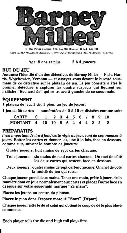 Mode d'emploi HASBRO BARNEY MILLER FRENCH