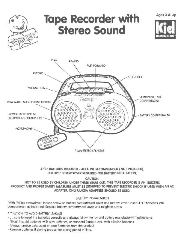 Mode d'emploi HASBRO BARNEY TAPE RECORDER WITH STEREO SOUND KID DIMENSION