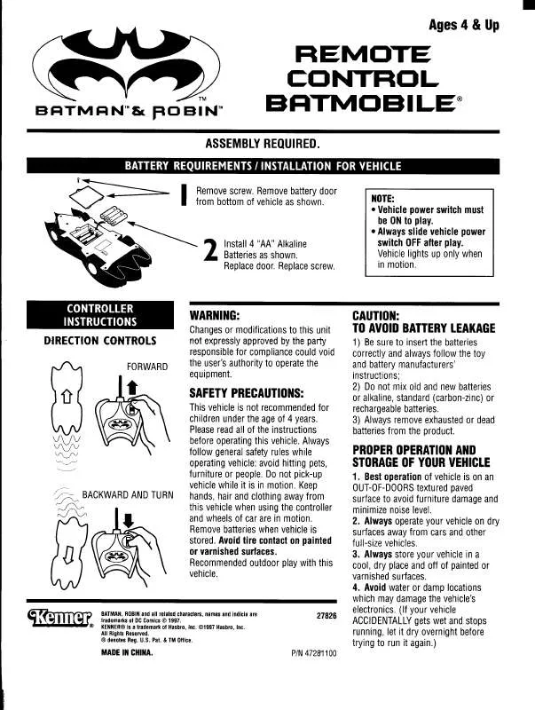 Mode d'emploi HASBRO BATMAN AND ROBIN REMOTE CONTROL BATMOBILE