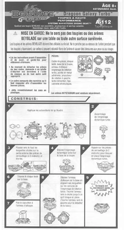 Mode d'emploi HASBRO BEYBLADE GREVOLUTION DRAGOON GALAXY TURBO A112 FRENCH