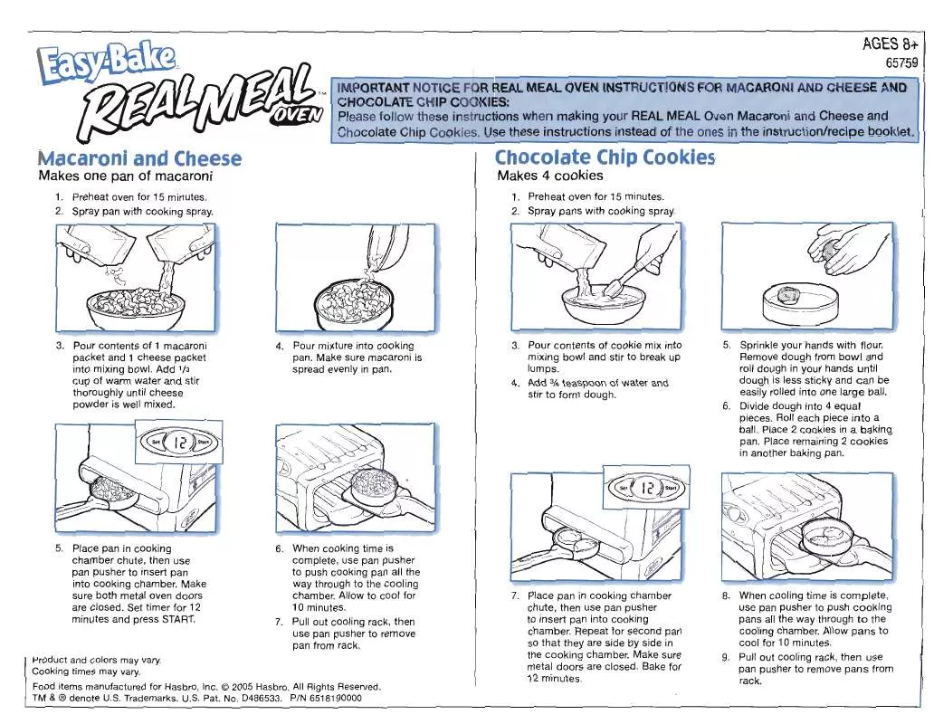 Mode d'emploi HASBRO EASY BAKE REAL MEAL OVEN MACARONI AND CHEESE CHOCOLATE CHIP