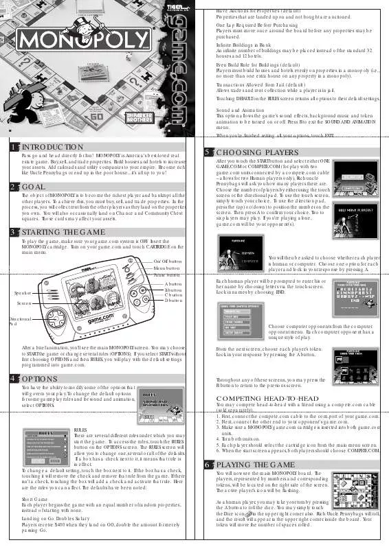 Mode d'emploi HASBRO GAME.COM MONOPOLY CARTRIDGE