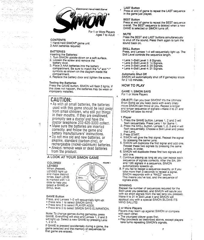 Mode d'emploi HASBRO HANDHELD SIMON