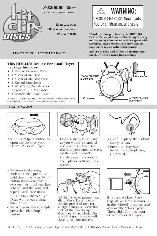 Mode d'emploi HASBRO HITCLIPS PUNK FUNK HITCLIPS DISCS DELUXE PERSONAL PLAYER