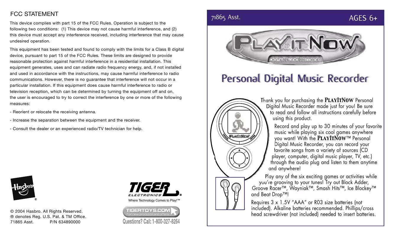 Mode d'emploi HASBRO PLAY IT NOW PERSONAL DIGITAL MUSIC RECORDER