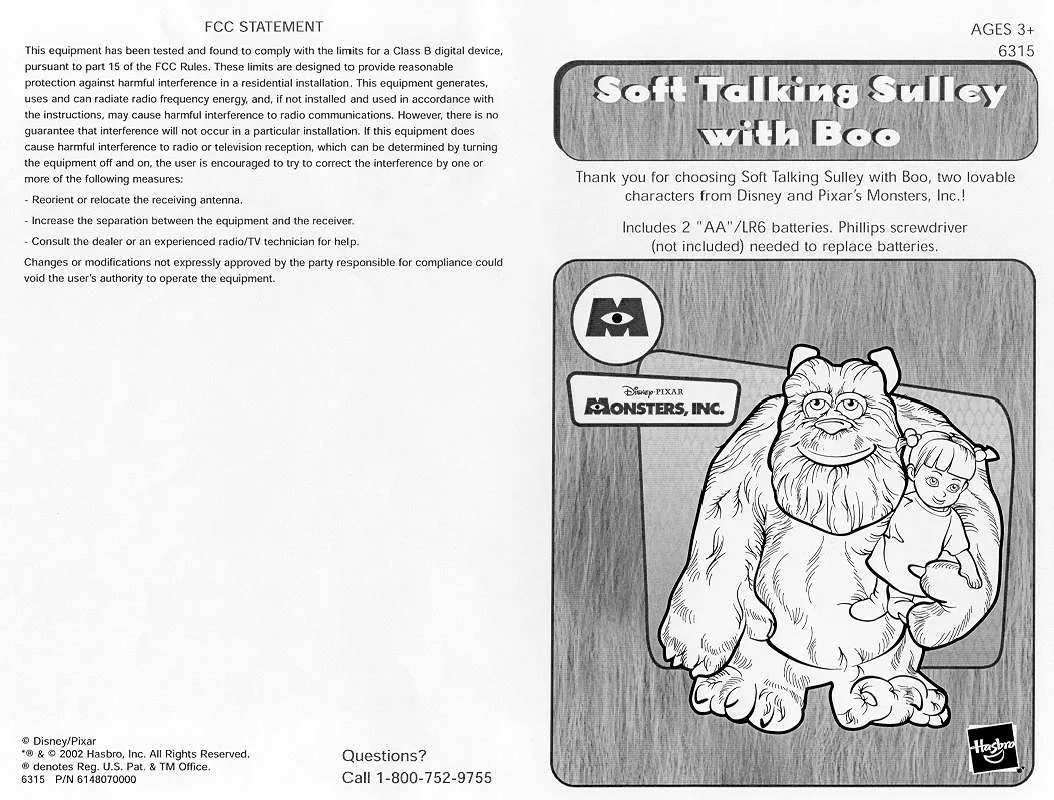 Mode d'emploi HASBRO SOFT TALKING SULLEY WITH BOO