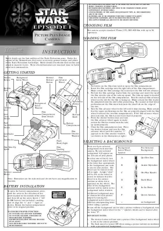 Mode d'emploi HASBRO STAR WARS EPISODE I PICTURE PLUS IMAGE CAMERA