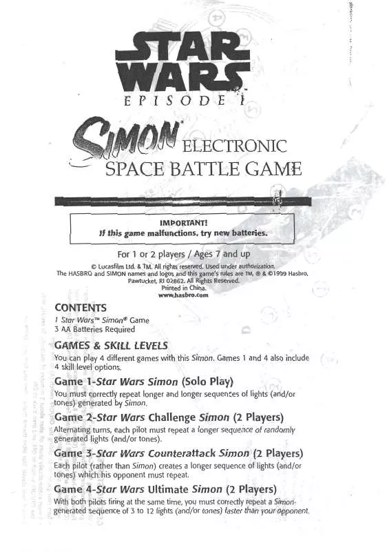 Mode d'emploi HASBRO STAR WARS EPISODE I SIMON ELECTRONIC SPACE BATTLE GAME