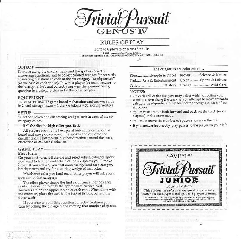 Mode d'emploi HASBRO TRIVIAL PURSUIT GENUS IV