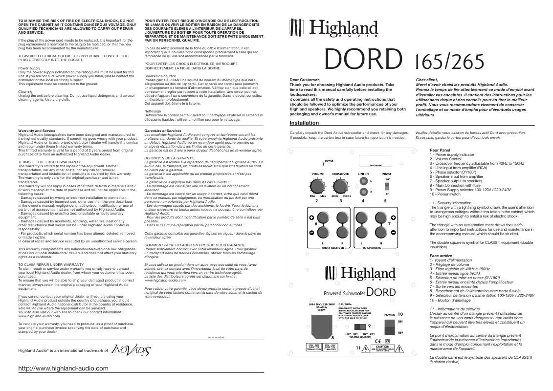 Mode d'emploi HIGHLAND AUDIO DORD 265