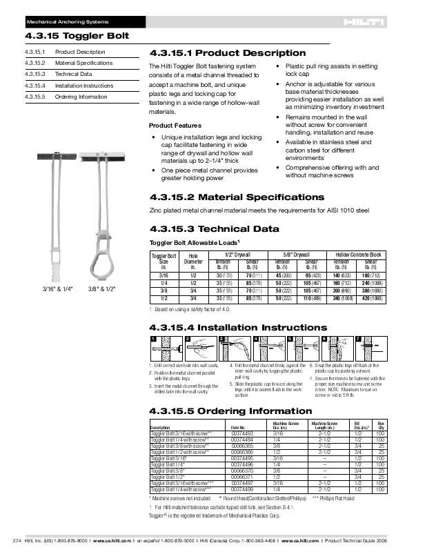 Mode d'emploi HILTI TOGGLER BOLT