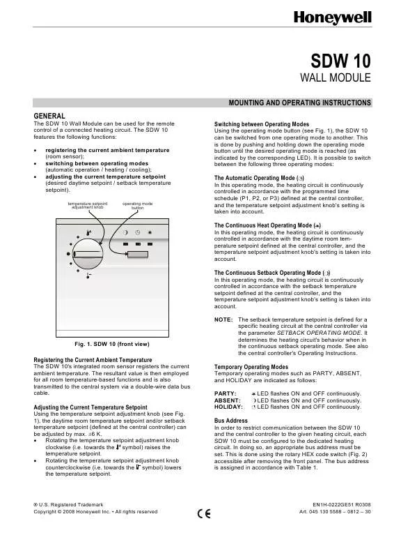 Mode d'emploi HONEYWELL SDW10