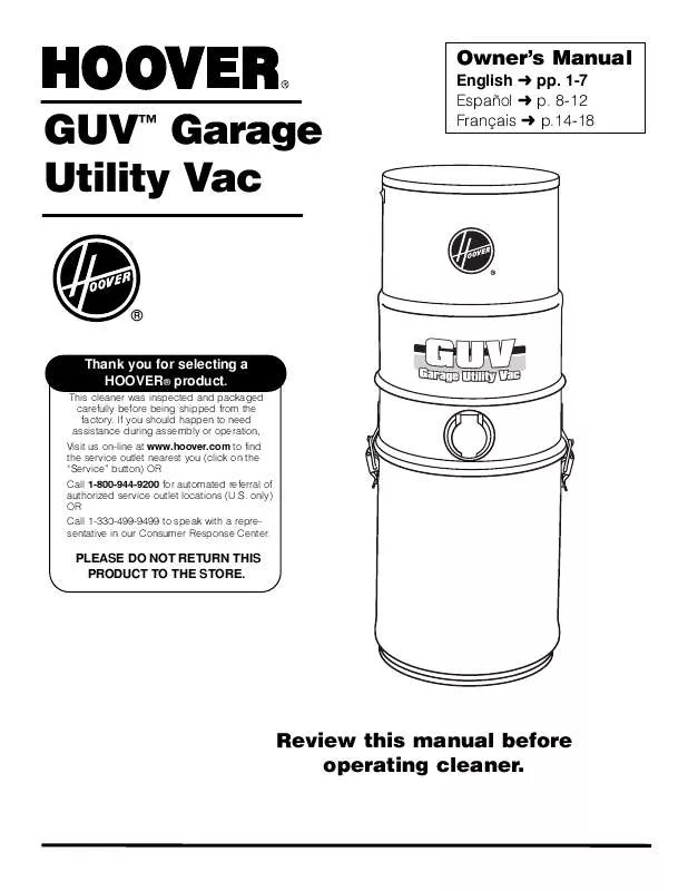 Mode d'emploi HOOVER GUV GARAGE UTILITY VAC