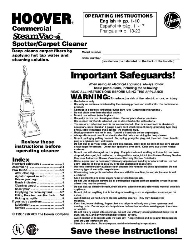 Mode d'emploi HOOVER STEAMVAC CARPET CLEANER