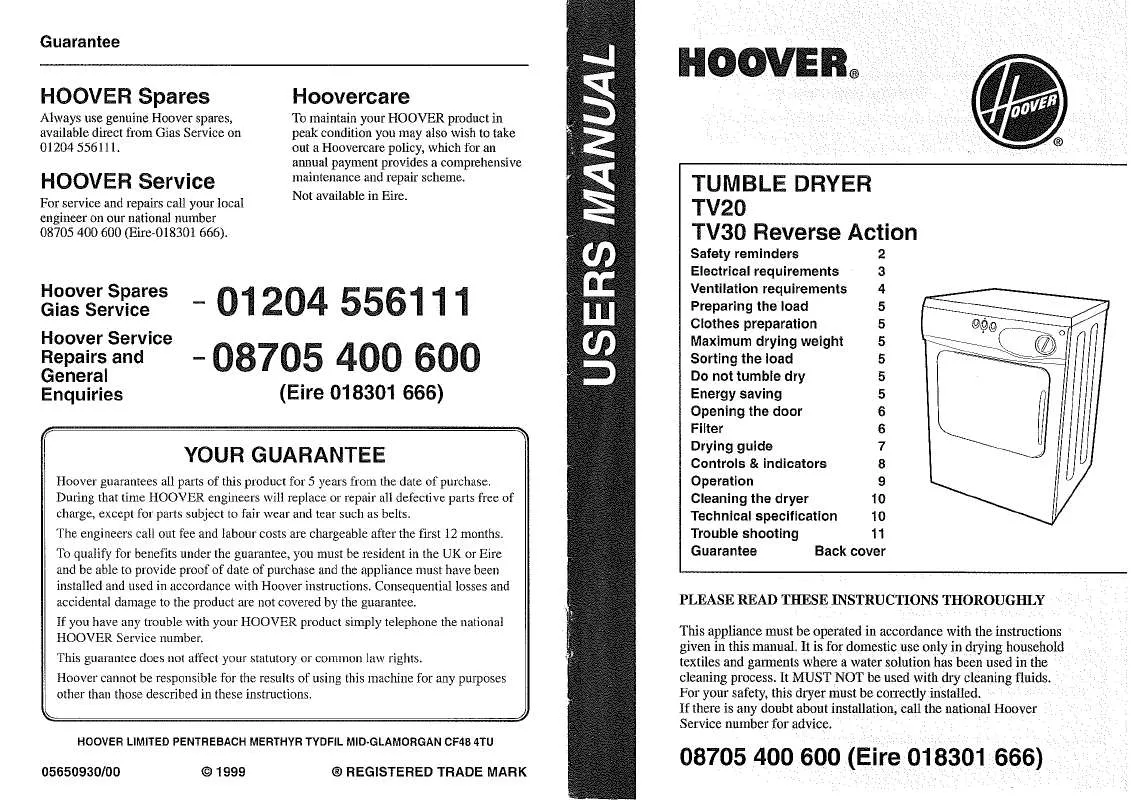 Mode d'emploi HOOVER TV20